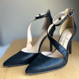 Jesica Simpson black pointed ankle strap pumps